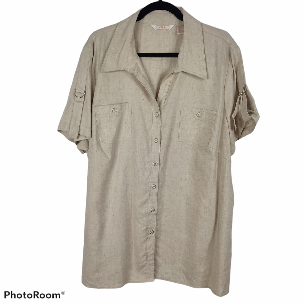 *Zoe D. Button Down Linen Short Sleeve Blouse 2X Safari Military Vacation